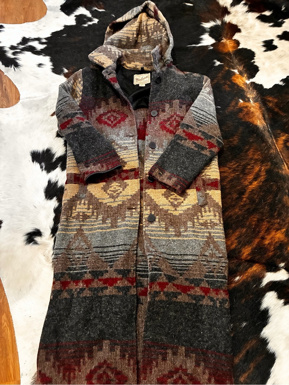Woolrich Hooded Aztec Wool Blend Long Coat - Gray/Burgundy/Tan